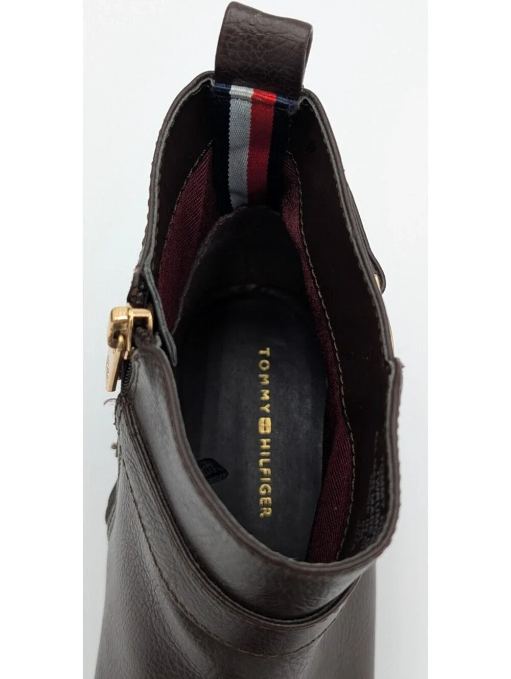 Tommy Hilfiger Women's Dark Brown Ankle Boots with Gold Logo Buckle and Side Zip